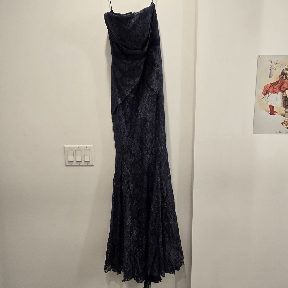 Badgley Mischka Navy Ruched Strapless Metallic Lac Dress